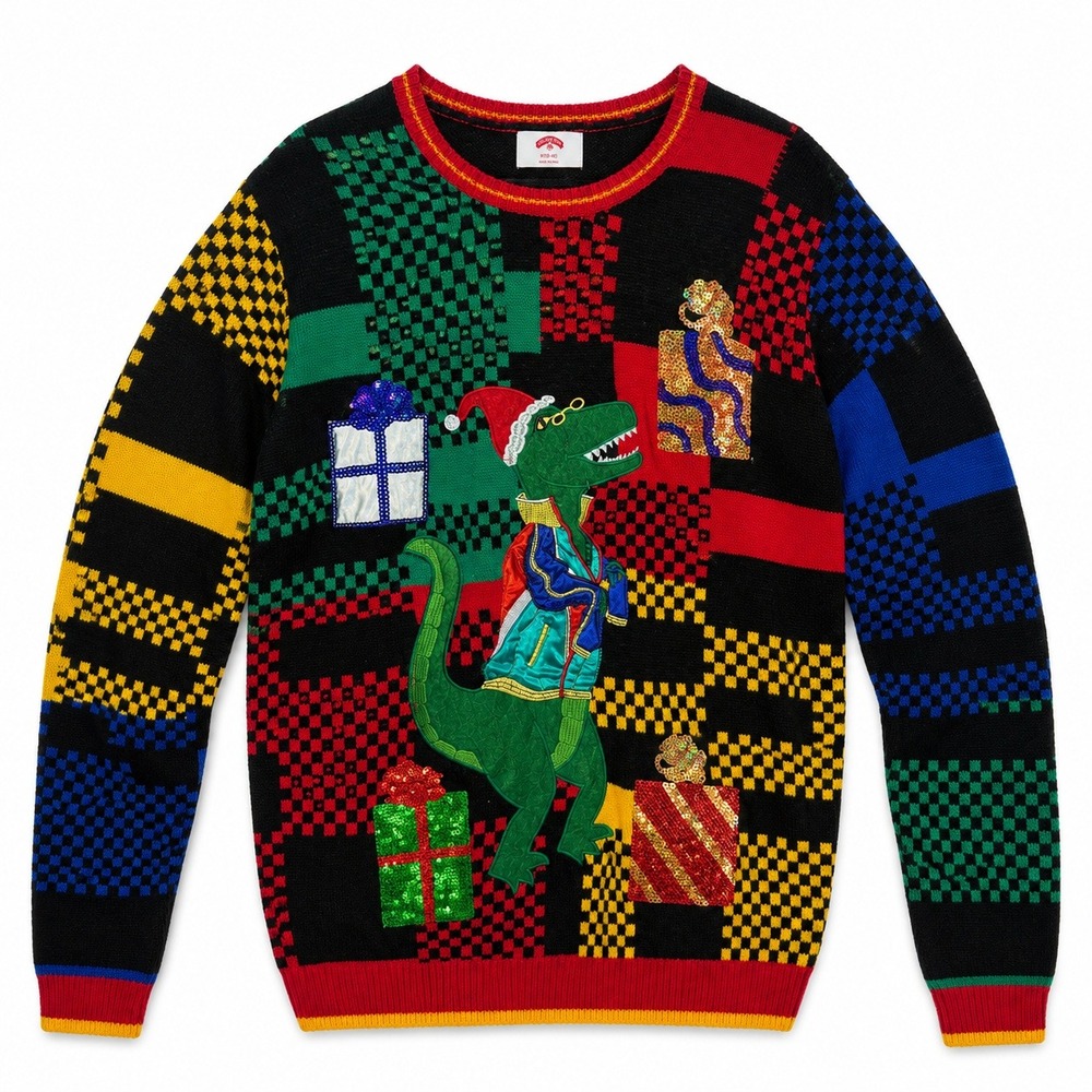 Holiday Ugly Christmas Sweater Medium T-Rex Dinosaur Sequin Patchwork 90s M Gift